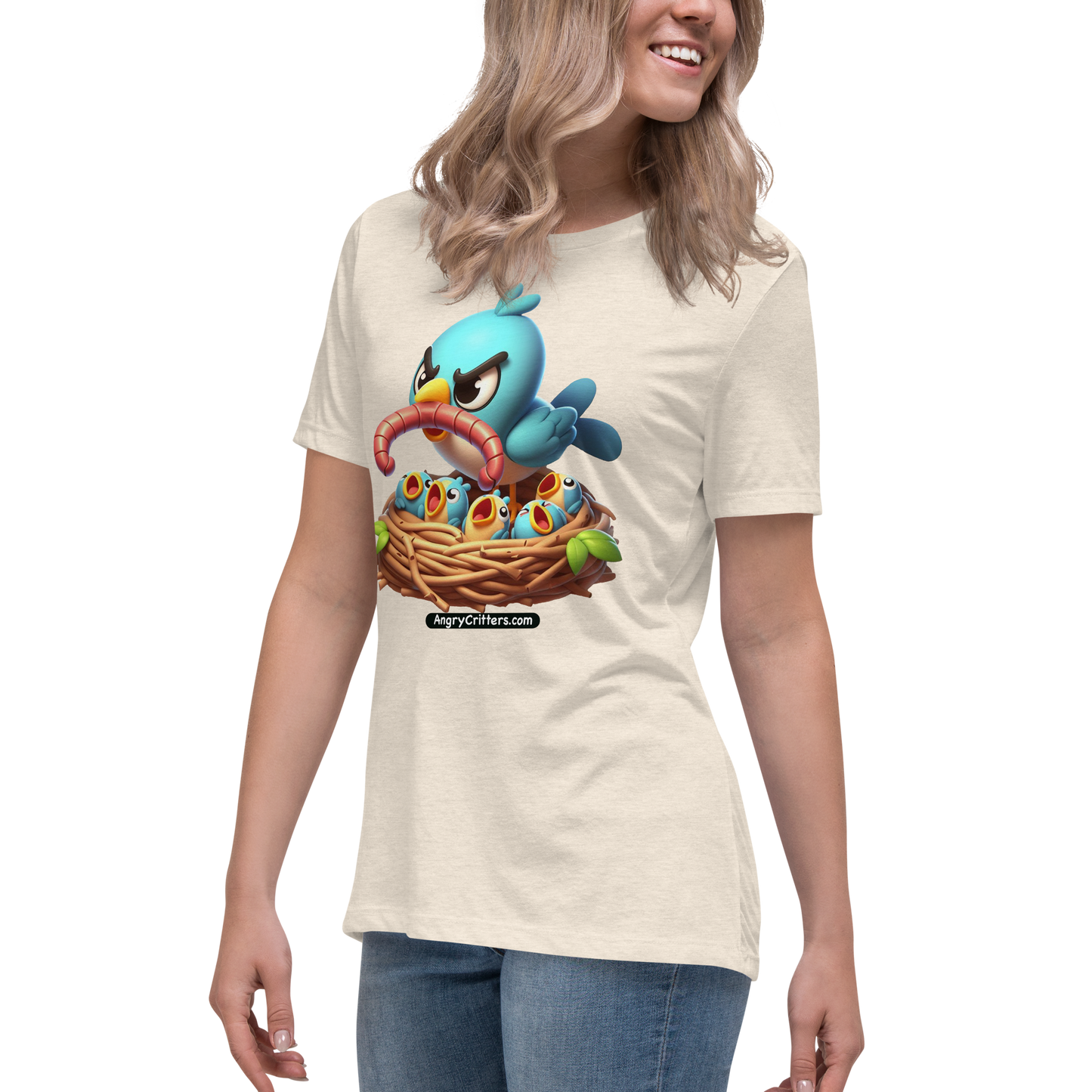 Angry Critters - Mom Bird with Baby Birds, Women's Relaxed T-Shirt