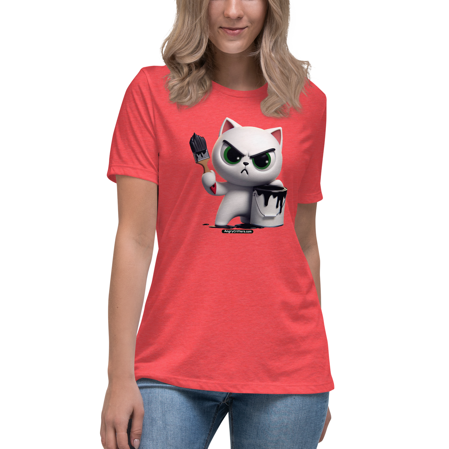 Angry Critters - White Cat with Black Paint, Women's Relaxed T-Shirt