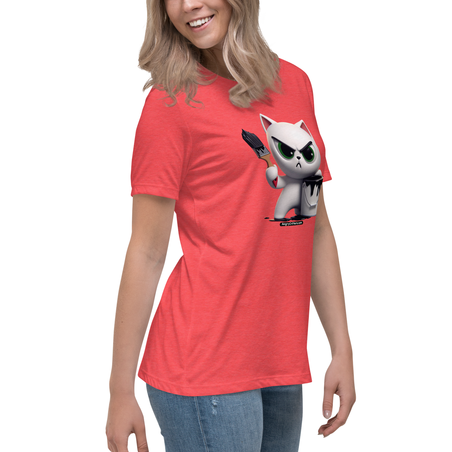 Angry Critters - White Cat with Black Paint, Women's Relaxed T-Shirt