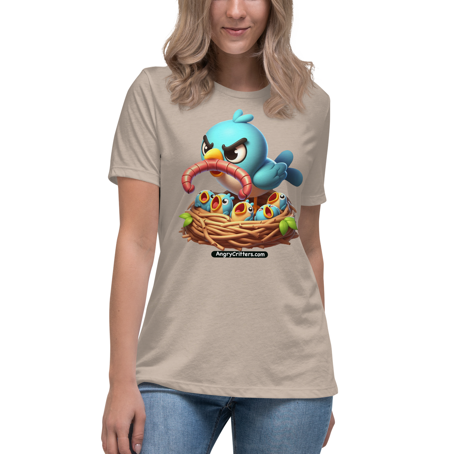 Angry Critters - Mom Bird with Baby Birds, Women's Relaxed T-Shirt