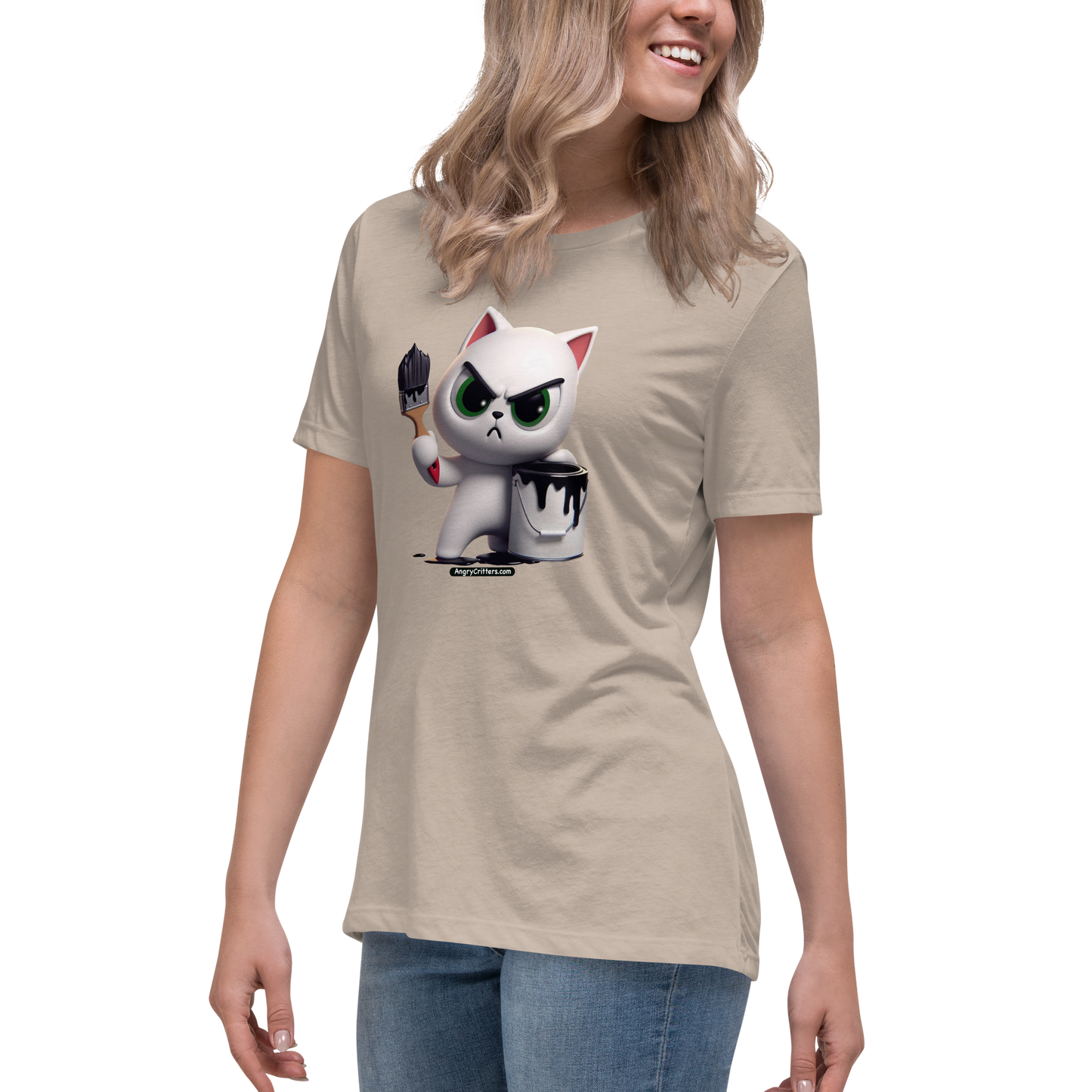 Angry Critters - White Cat with Black Paint, Women's Relaxed T-Shirt