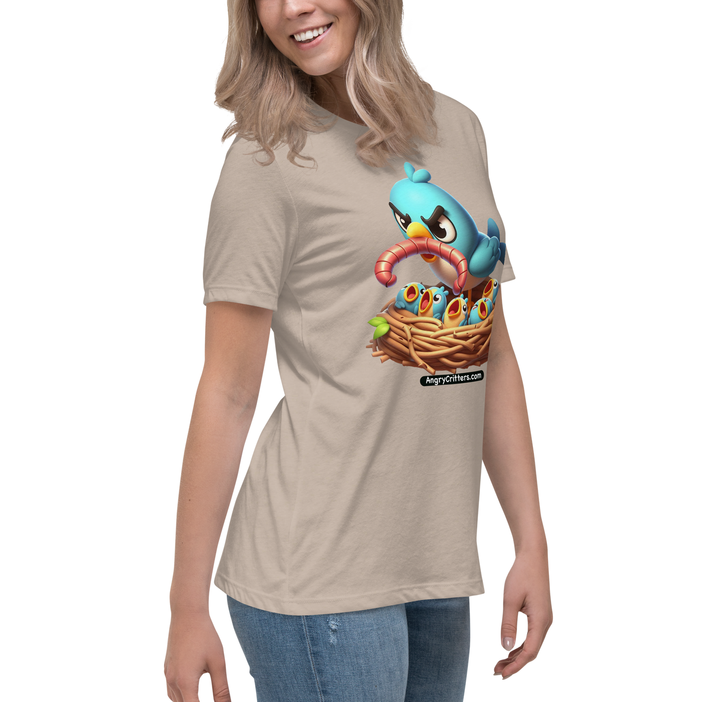 Angry Critters - Mom Bird with Baby Birds, Women's Relaxed T-Shirt