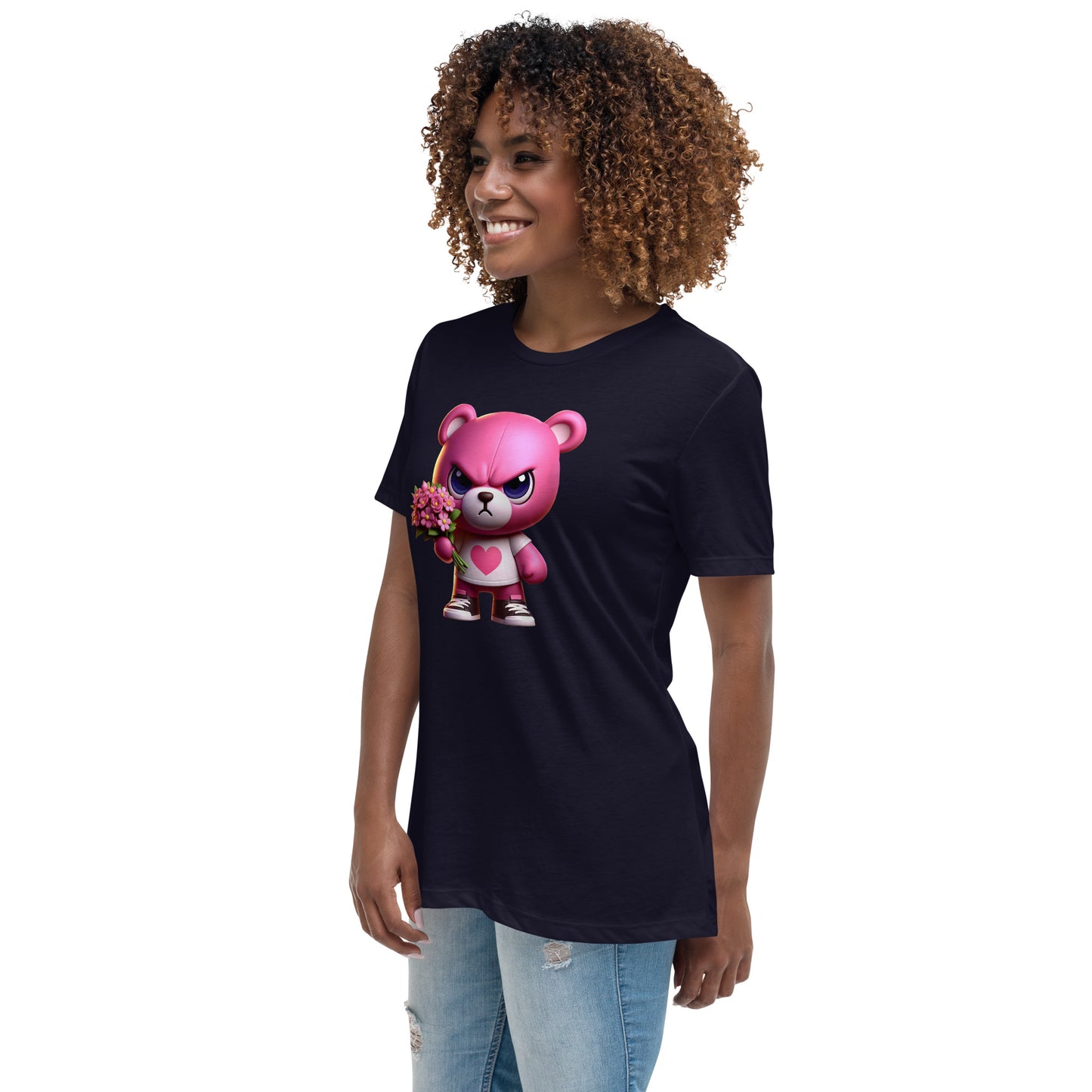 Angry Critters - Pink Teddy Bear with Flowers, Women's Relaxed T-Shirt