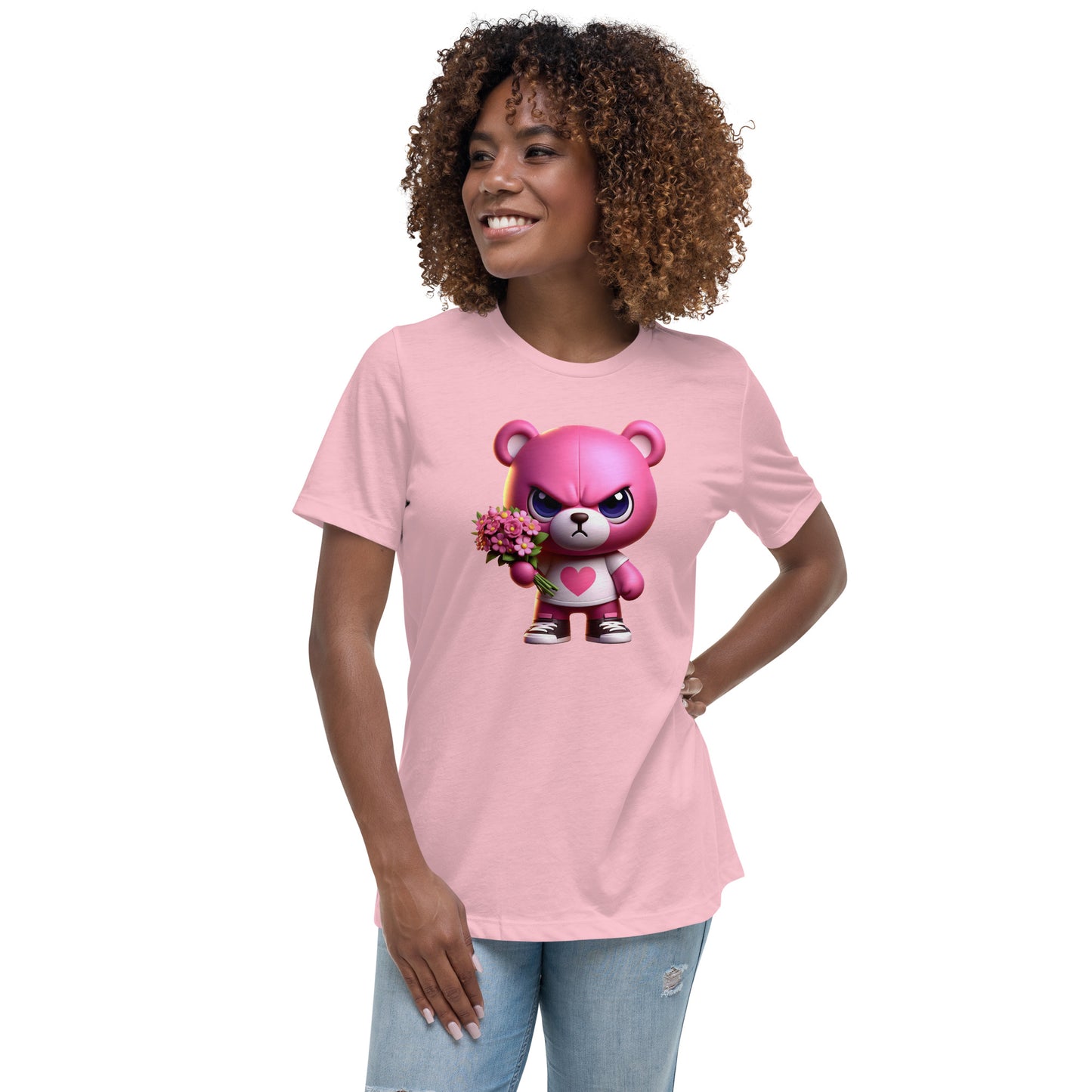 Angry Critters - Pink Teddy Bear with Flowers, Women's Relaxed T-Shirt