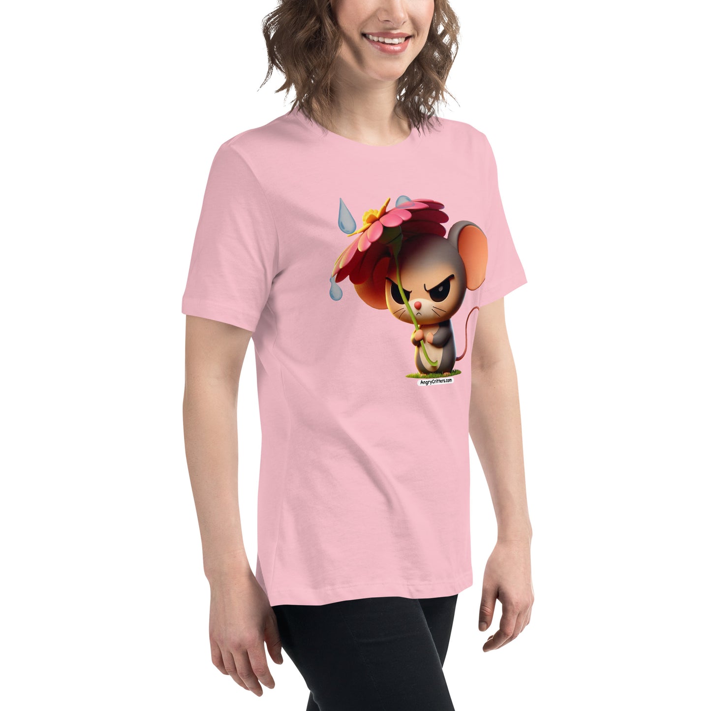 Angry Critters - Mouse with Flower Umbrella Women's Relaxed T-Shirt