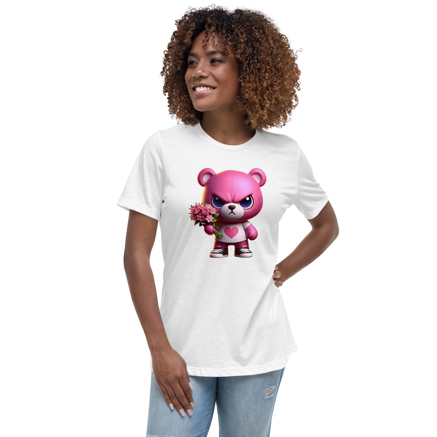 Angry Critters - Pink Teddy Bear with Flowers, Women's Relaxed T-Shirt