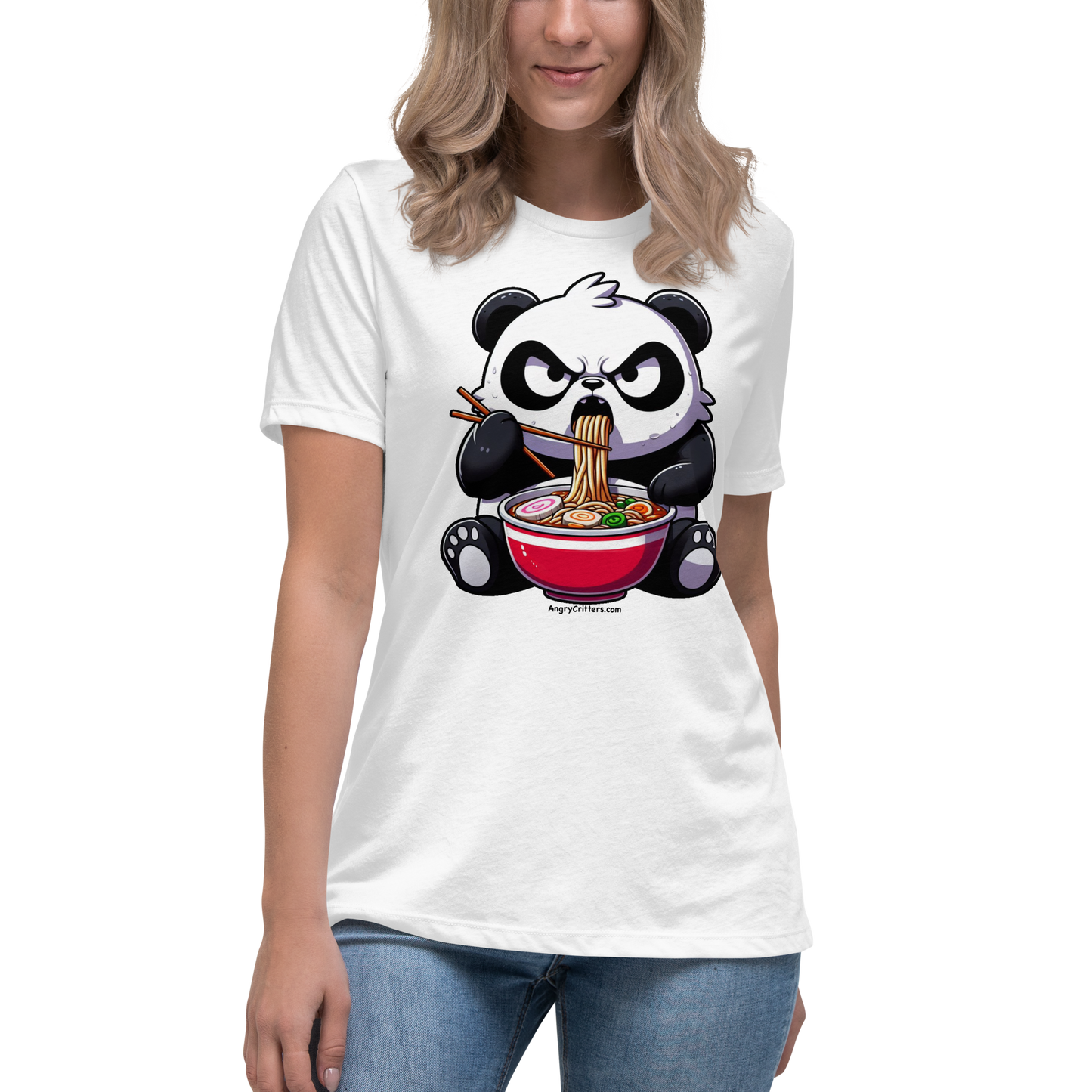 Angry Critters - Panda Eating Ramen, Women's Relaxed T-Shirt