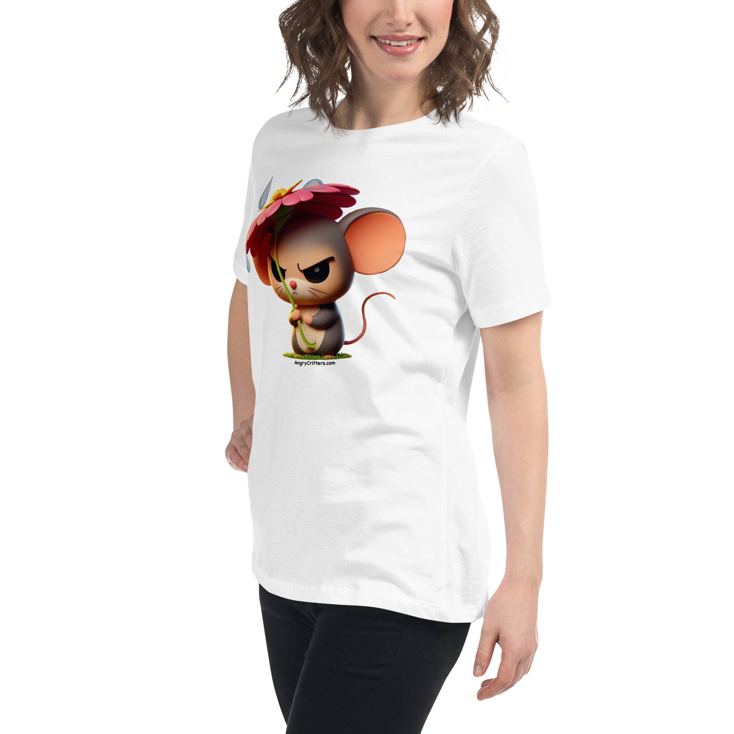 Angry Critters - Mouse with Flower Umbrella Women's Relaxed T-Shirt